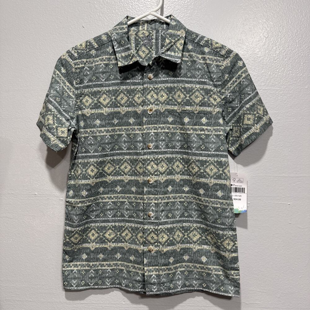 Colorful Planet Boys Size 10/12 Green Geo Button Up Shirt Short Sleeve Artsy